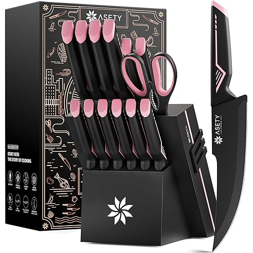 Knife Set - 15 PCS Kitchen Knife Set with Built-in Knife Sharpener Block - Stainless Steel Knife Block Set - Dishwasher Safe, Elegant Box for Men Women, Pink - Soft Pink