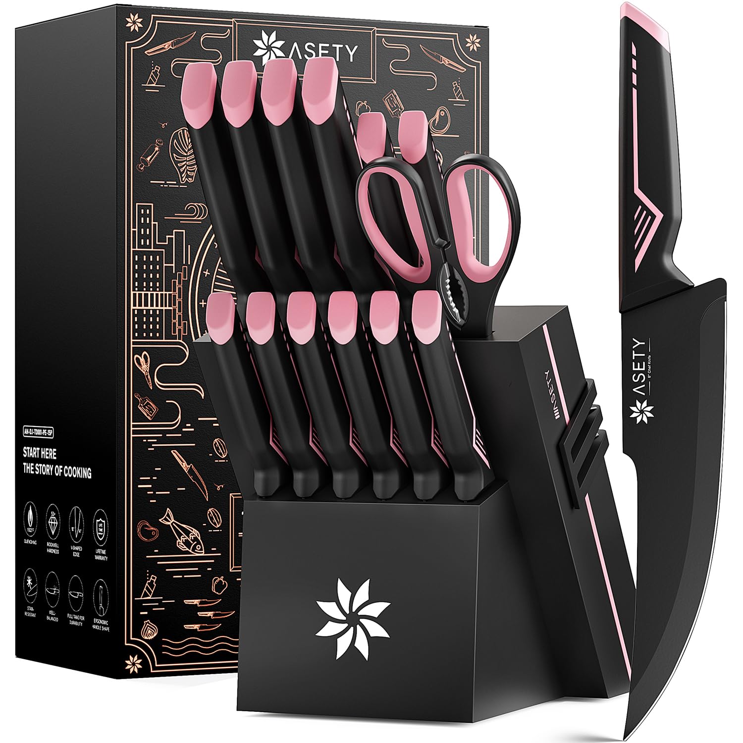 ASETY 15 PCS Knife Set with Block and Sharpener, Dishwasher Safe, Pink