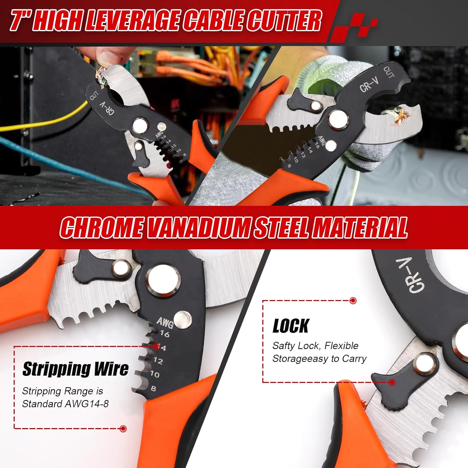 3-Piece Bolt Cutter Pliers Set,14" Heavy Duty & 8" Mini Bolt Cutter,7" Wire Cable Cutter,Ergonomic Handle,More Efficient Leverage for Cutting Locks,Chains,Iron Wire (3Piece)