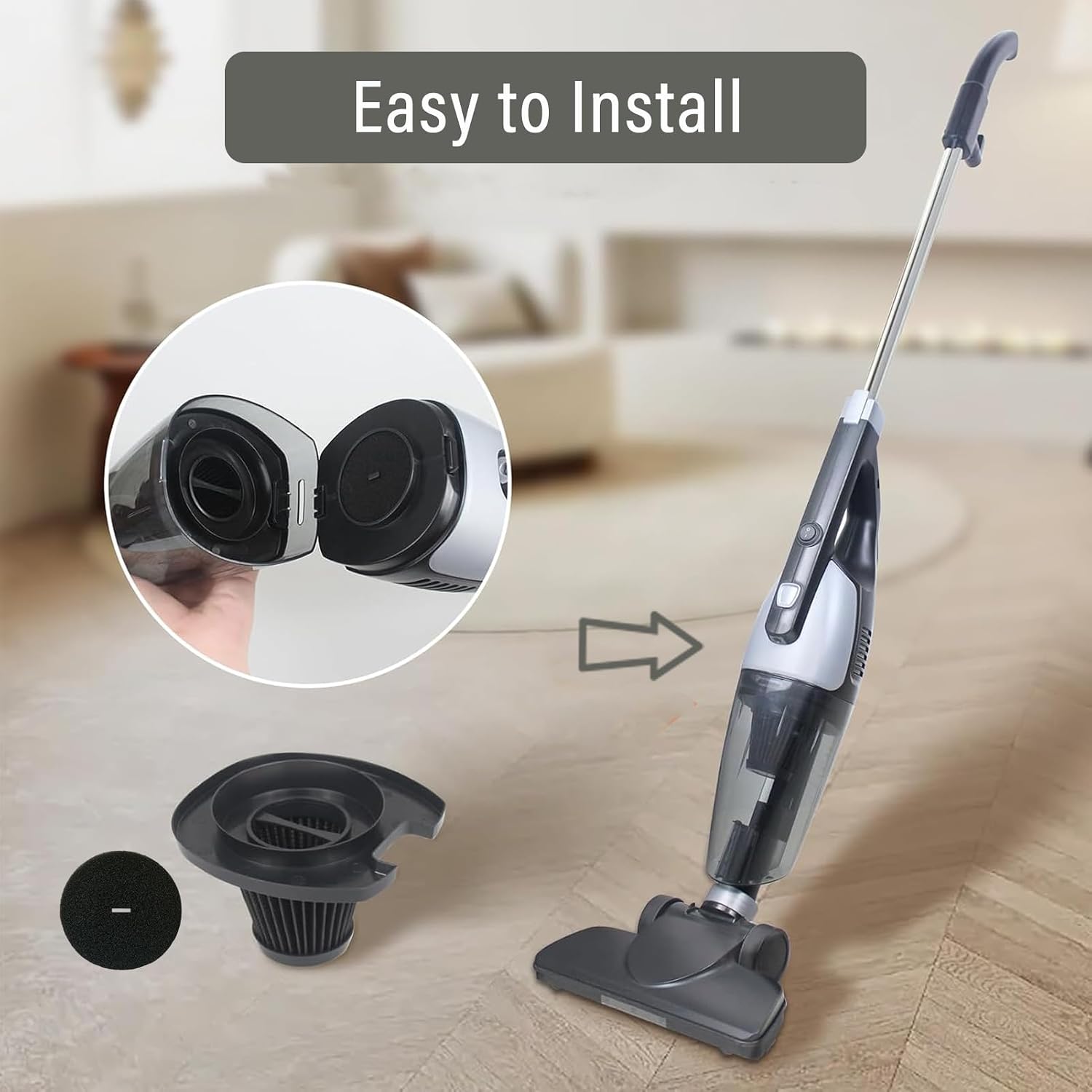 Image demonstrating the easy installation process of the replacement filter into a Black & Decker EV1416 vacuum cleaner.