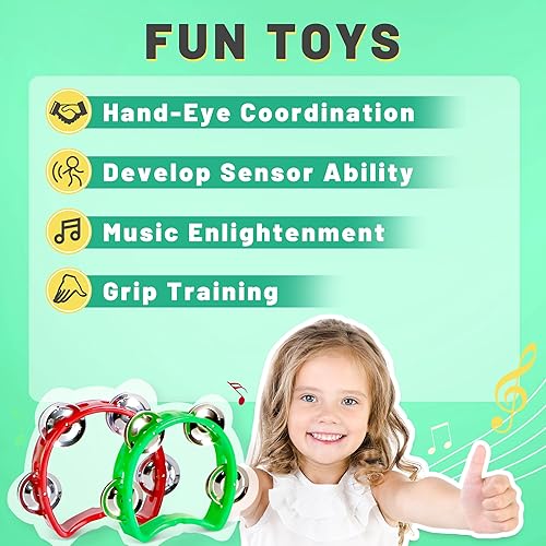 Miniatura 4 de Pandereta para niños, 2 unidades, instrumentos musicales para niños pequeños a partir de 3 años con 4 jingles de metal, certificado ASTM, no tóxico