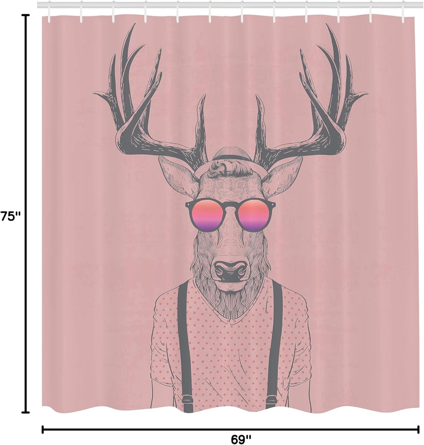 Ambesonne Antlers Shower Curtain, Illustration of Deer Dressed up Like Cool Hipster Fashion Creative Fun Animal, Cloth Fabric Bathroom Decor Set with Hooks, 69" W x 75" L, Pink Grey