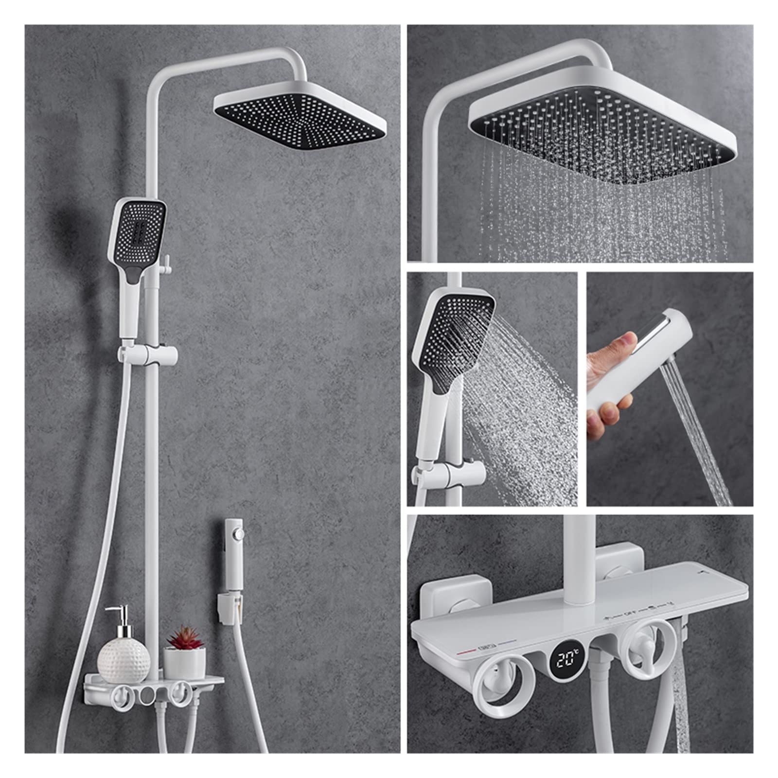 Soywim Bianco Shower System, Black Grey Thermostatic Digital Display Shower Faucet 4-Way Mixer Rain Waterfall System Bidet Temp(Bianco)