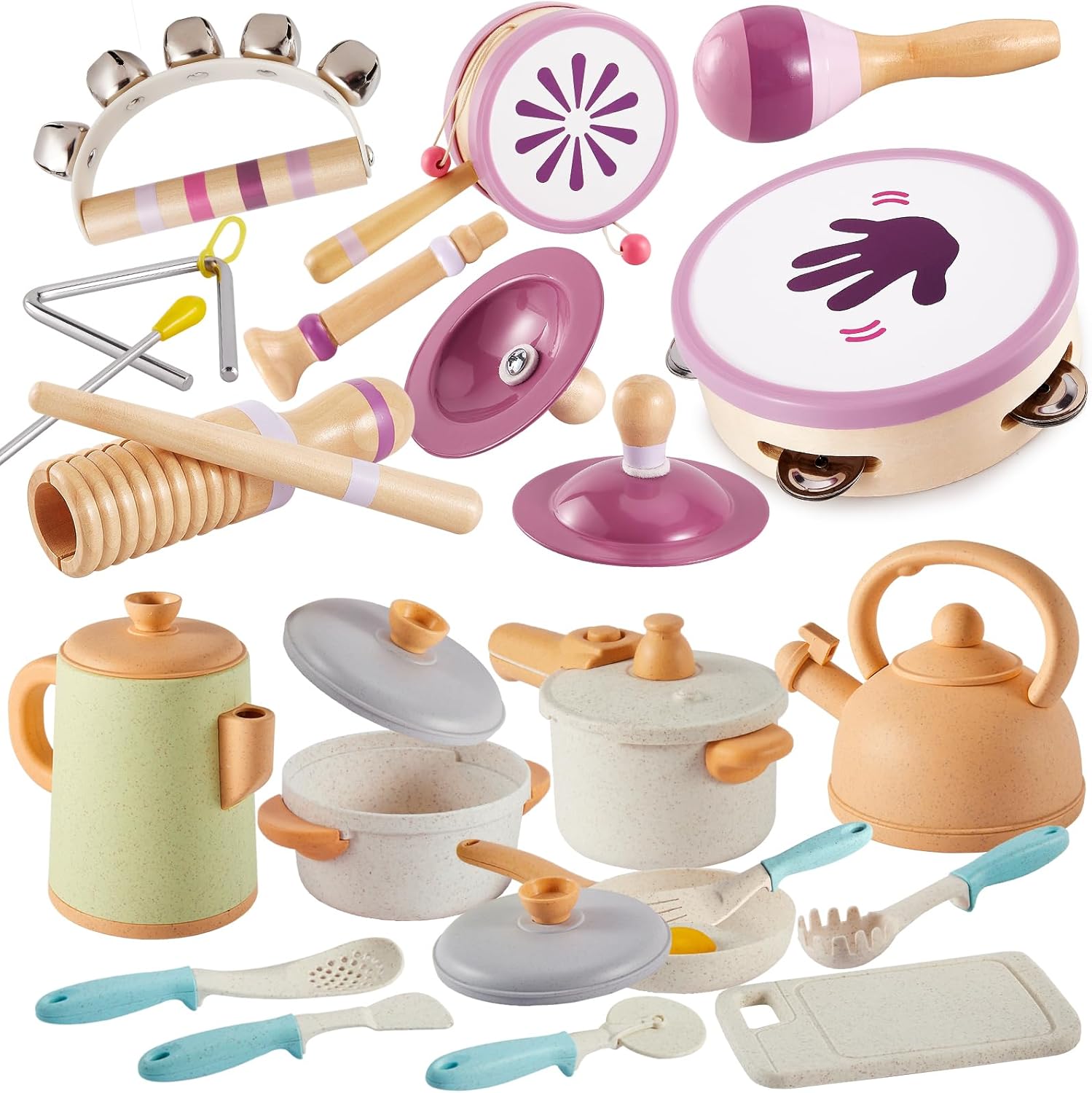 BUYGER Kitchen Pot and Pan Playset Bundle with Percussion Instruments Sets with Hand Drum, Plastic and Wooden, Kitchen Accessories Musical Instruments Toy Gifts Educational Learning Toys Gifts