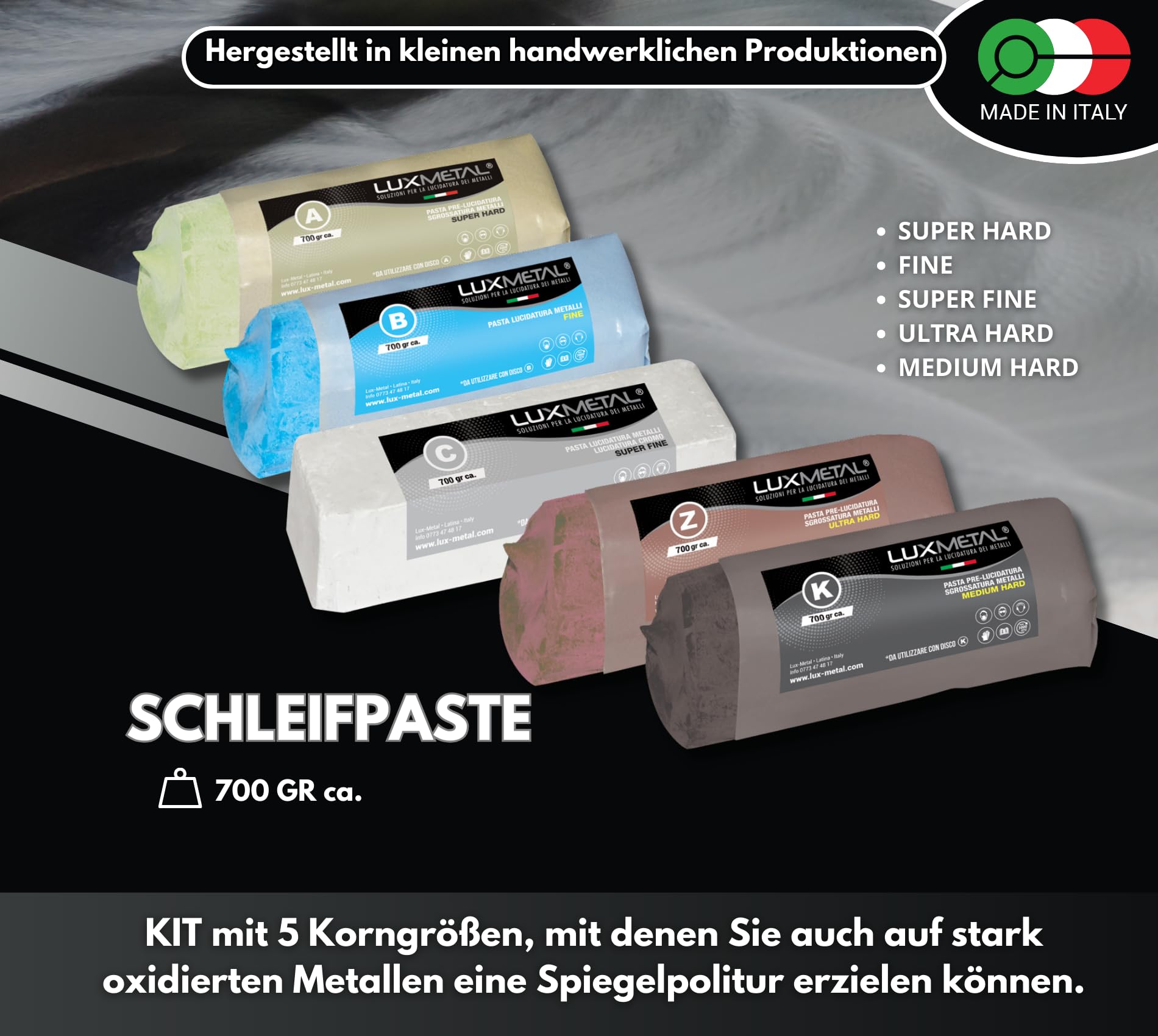 Lux Metal 5 Polierscheibe 250 mm 5 polierpaste 700 g set DIY kit Polierset Schleifpaste Metall, Aluminium, Bank Poliermaschine, Edelstahl, Messing, Kupfer, Holz, Kunststoff, schleifmaschinen messer