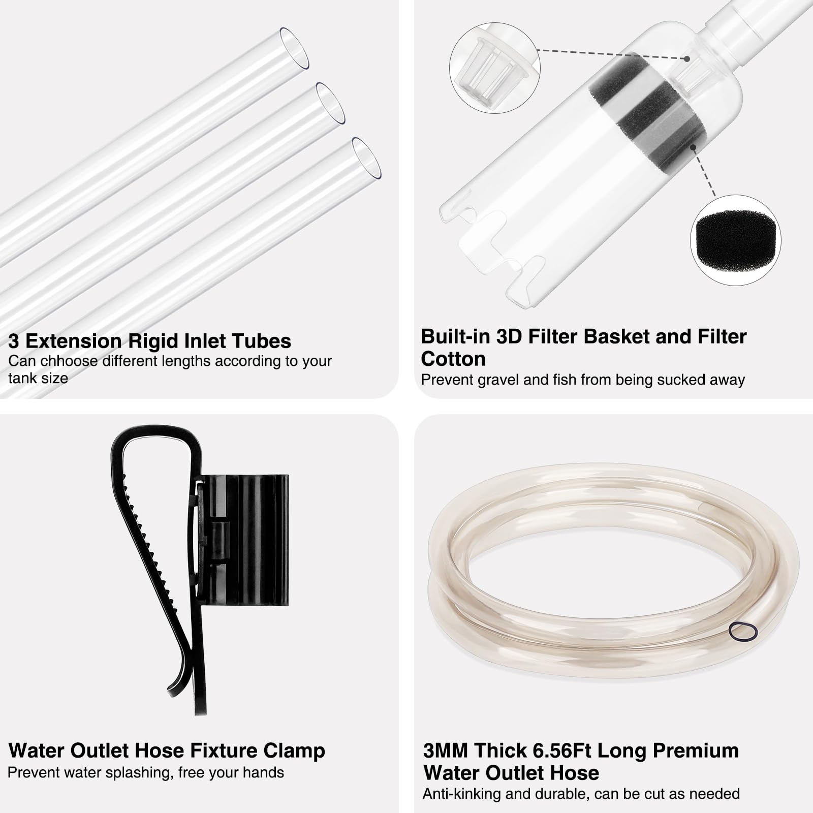 fishkeeper Aspirateur de paillage pour aquarium 4 en 1 - Forte aspiration réglable - Kit de nettoyage amovible contre l'obstruction - Pour changer l'eau, le nettoyage du sable et la circulation de