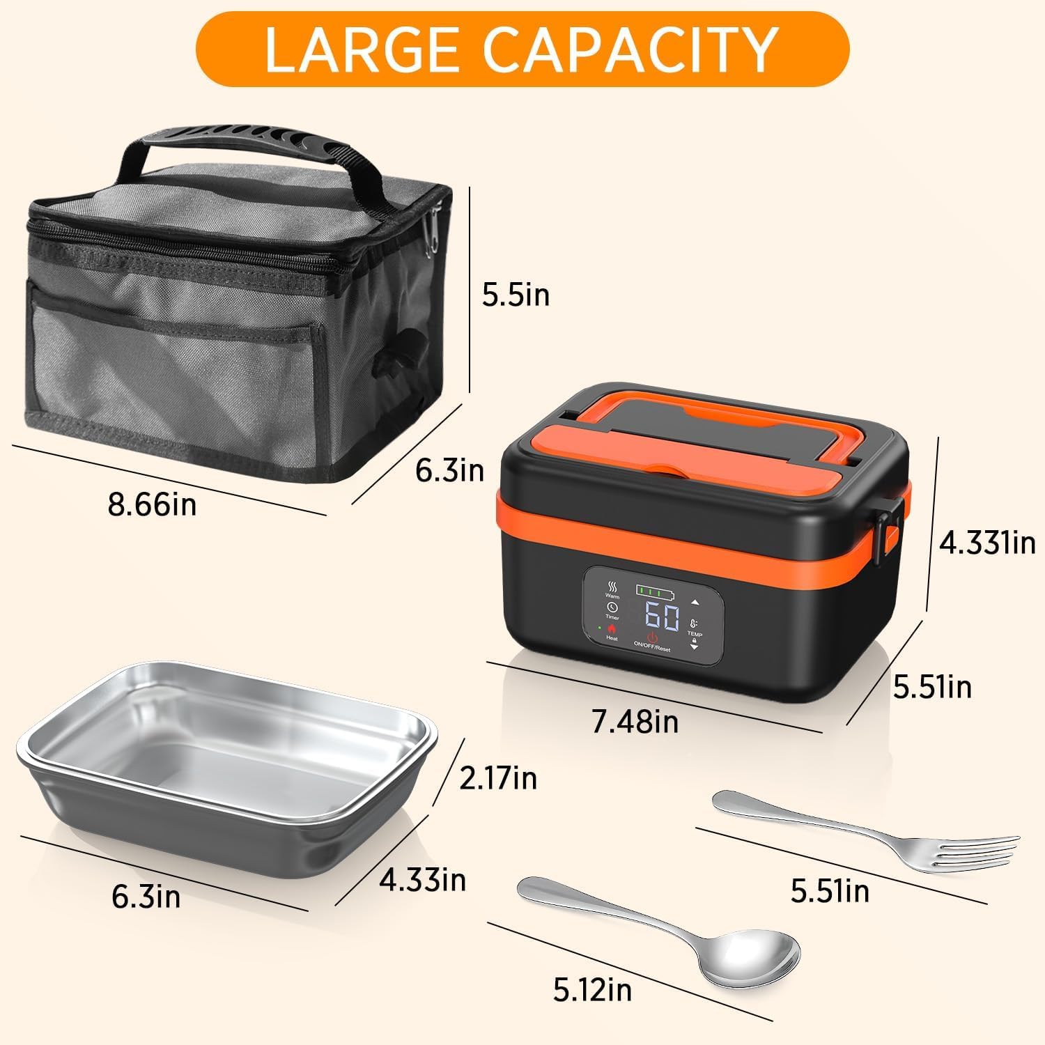 Contenitore per il pranzo elettrico, batteria da 16000 mAh, portatile, per il viaggio, contenitore per il pranzo per adulti con borsa isolante, forchetta e cucchiaio e piastra separabile (arancione)