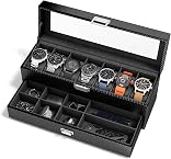 sensok Watch Case Box for Men - 7 SLots Watches Storage Organizer Real-Glass Display Case with Jewelry Drawer 2-Layer Ti Pu Leather Collection Holder Gift for Love Ones Metal Black