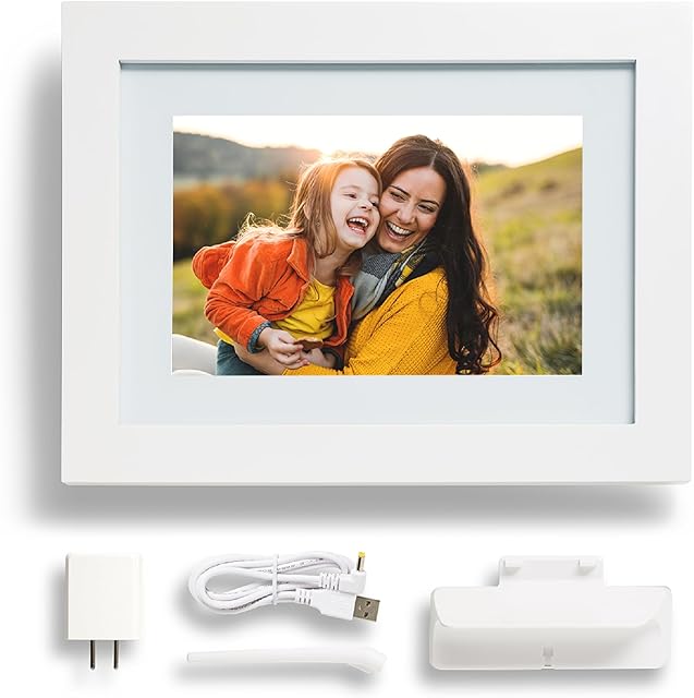 PhotoSpring 10in WiFi Digital Picture Frame with Battery, Email Family Photos to The Frame, or by App, Web. Easy Touch Screen Setup, 1280x800 Display, Plays Videos, White