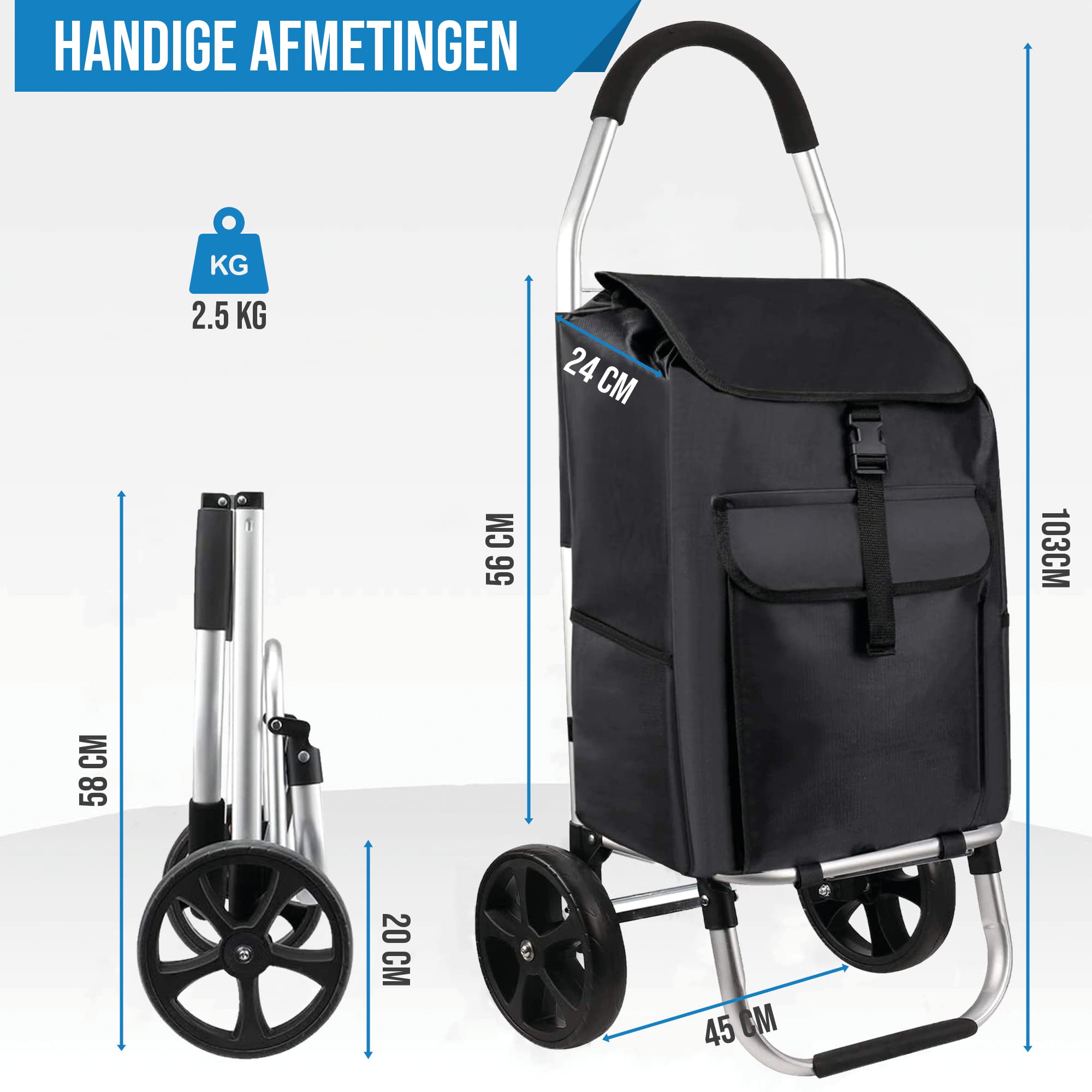 Strex Trolley della spesa con Ruote - Pieghevole - Borsa della spesa rimovibile - Carrello della spesa