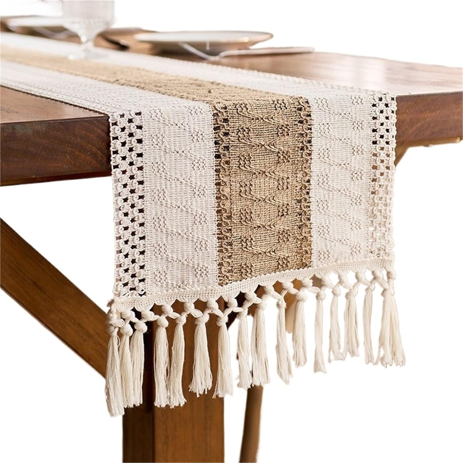 Table Runner for Home Decor Farmhouse Linen Table Runner for Home Decor Macrame with Tassels Long Rustic Wedding Decoration(Coffee,30X260cm)
