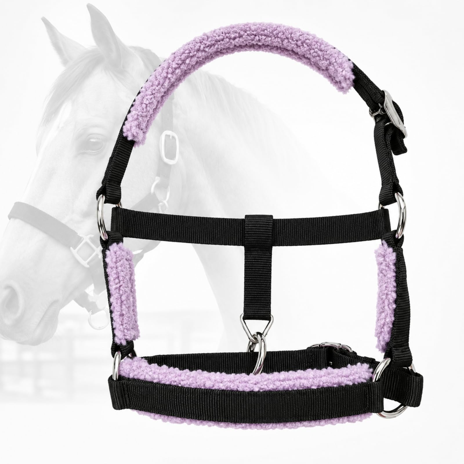 Set di Cavezze in Pile, Cavezza Imbottita per Cavallo in Pile con Design Regolabile in Fettuccia di Nylon, Corona Imbottita, Sgancio di Sicurezza Resistente per La Gestione Black-Purple s
