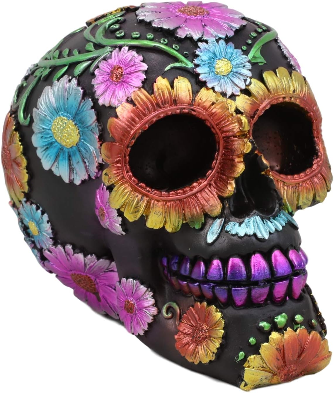 Ebros Black Day of The Dead Floral Blooms Sugar Skull Figurine DOD Skulls Statue 6" Long As Halloween Ossuary Macabre Decor Collectible (Spring Colorful Metallic Yellow Blue and Pink Flowers)