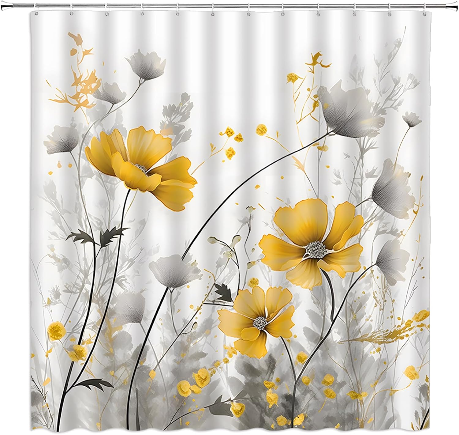 Yellow Flower Shower Curtain Rustic Farmhouse Watercolor Yellow Floral Gray Leaves Modern Romantic Nature Plant Vintage 70" WX84 H Bathroom Decor Fabric Curtain with Hooks