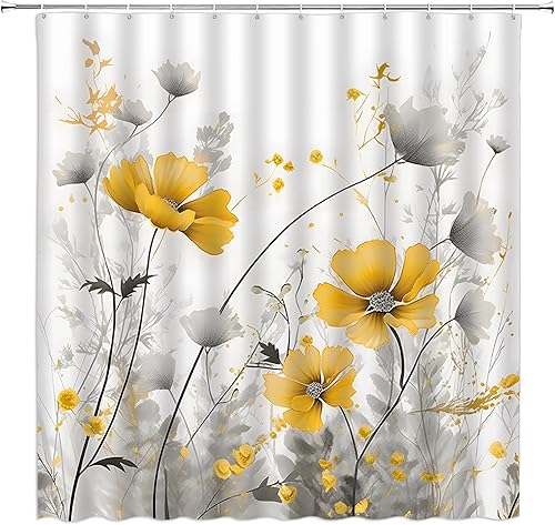 Cortina de ducha de flores amarillas, rústica, granja, acuarela, amarillo, floral, gris, hojas, moderna, romántica, natural, vintage, 70 pulgadas de