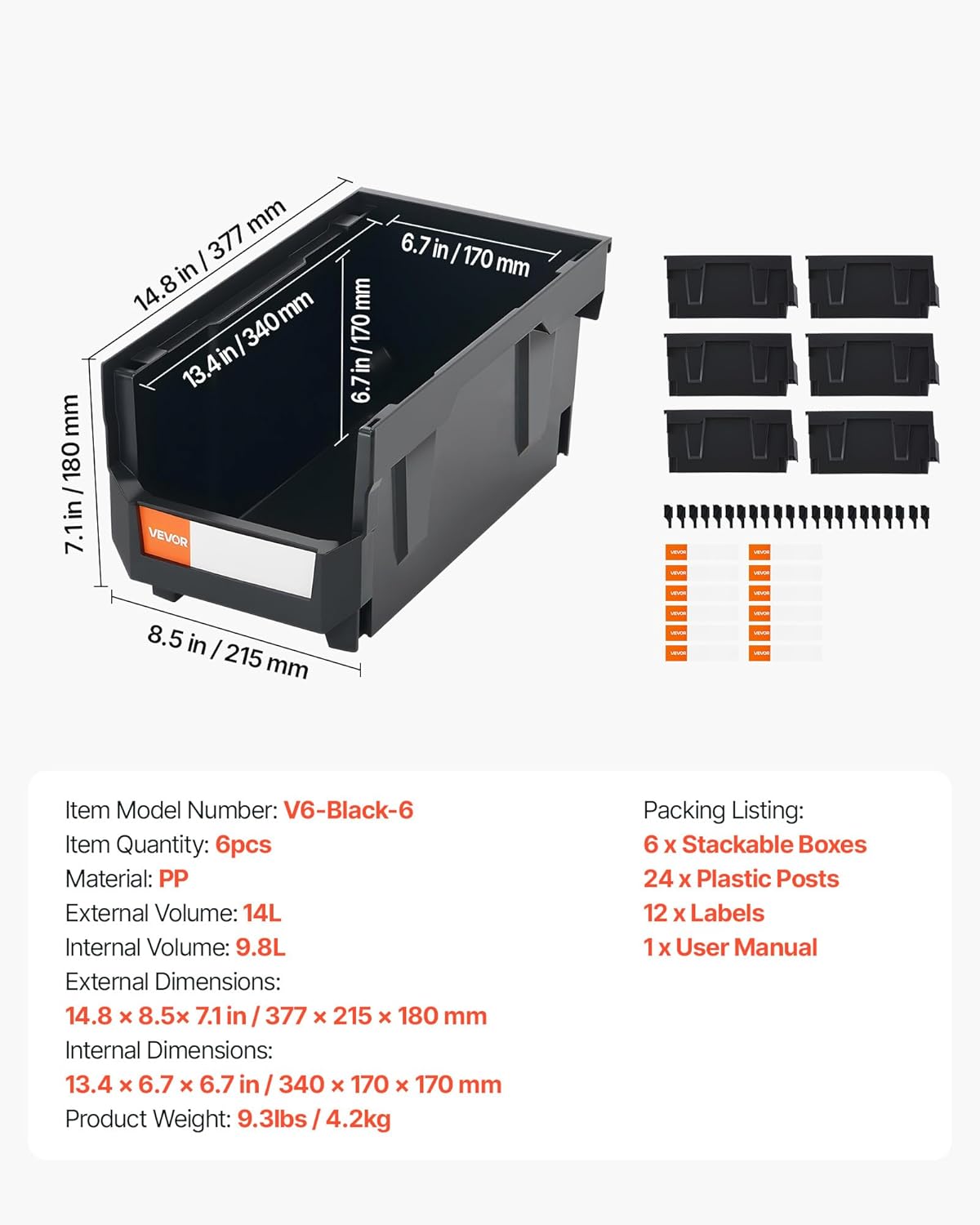 VEVOR Plastic Stackable Storage Bins, 14.8 x 8.5 x 7.1 inch (6 Pack), Plastic Containers for Organizing and Storage Bins for Closet, Garage, Small Parts, Office Supplies and Other Accessories, Black - Image 7