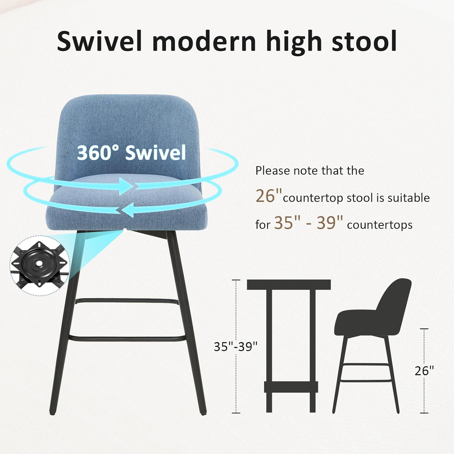 360°Swivel Counter Height Bar Stools Set of 3,Upholstered Morden Kitchen Barstools with High Backs,26" H Seat Height,Metal Legs (Fabric - Blue, 3 Pieces - 26" Counter Height)