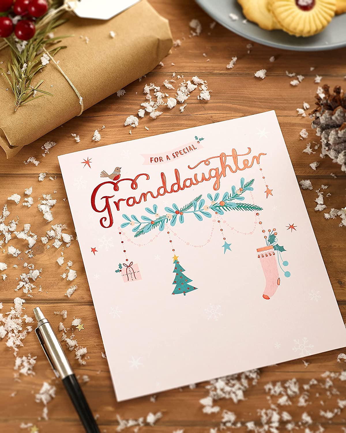 Jonny Javelin Biglietto Di Natale Per Nipote 'Wonderful Granddaughter' - Con Albero E Pupazzo, Lamina E Glitter, 229x151mm