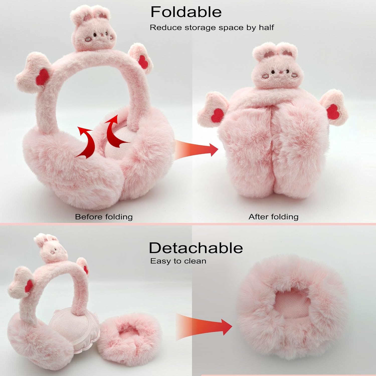 Goodangie00 Cute Bunny Earmuffs Winter Warm Fluffy Cat Ear Faux Fur Ear Muffs Foldable Covers for Girls Women Outdoor Plush Ear Warmer(Pink) - Image 3