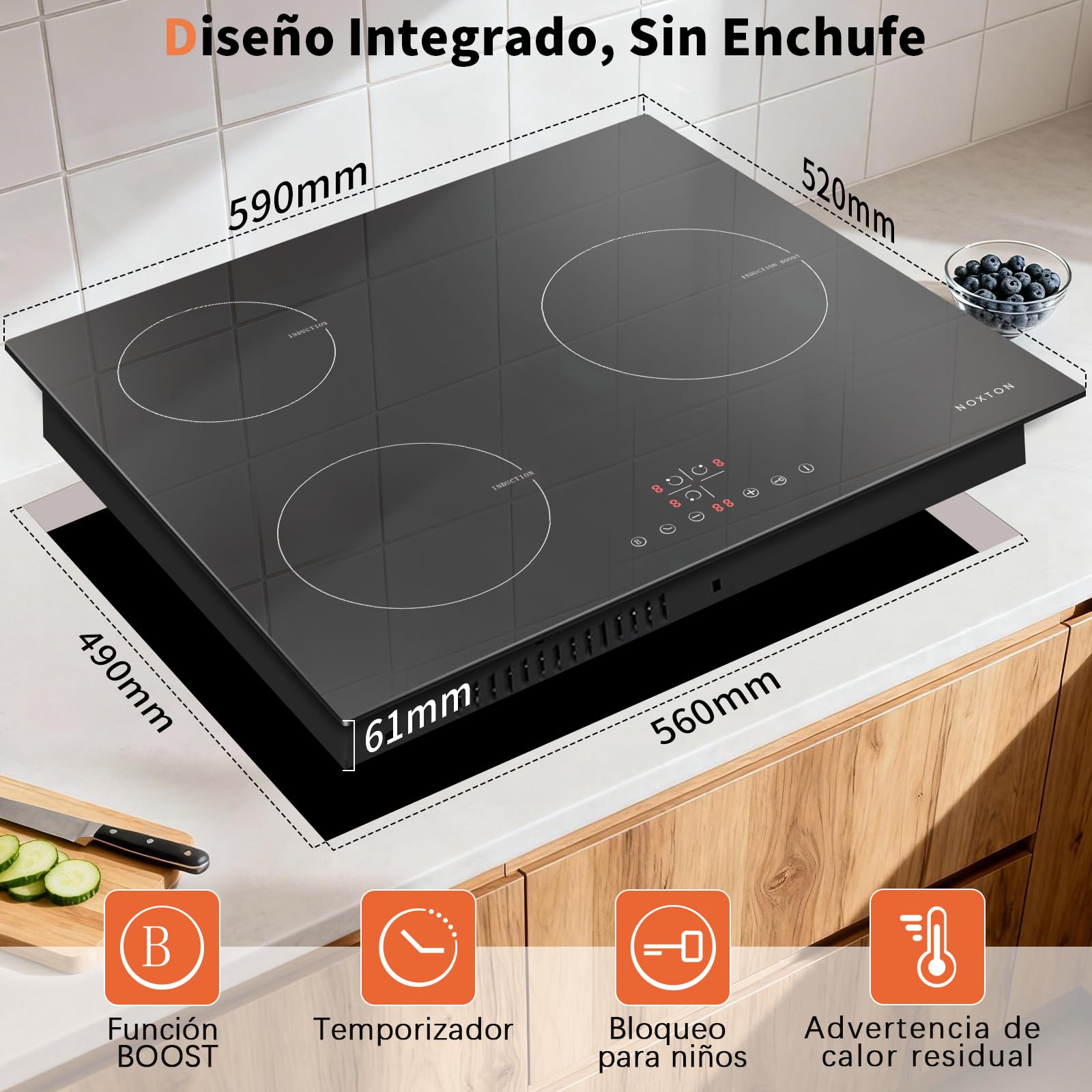 NOXTON Placa de induccion 3 fuegos, Integrada (60 cm), Función boost, 9 Potencias nominales, Temporizador, Control táctil, 220V ~ 240V, 5500 W, Sin enchufe.