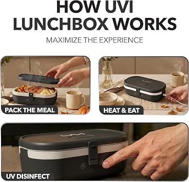 UVI, Self Sanitizing Electric Lunch Box for Adults, Portable Food Warmer for Work & Travel, Portable Heated Lunch Box for Men & Women (Charging Box Not Included)