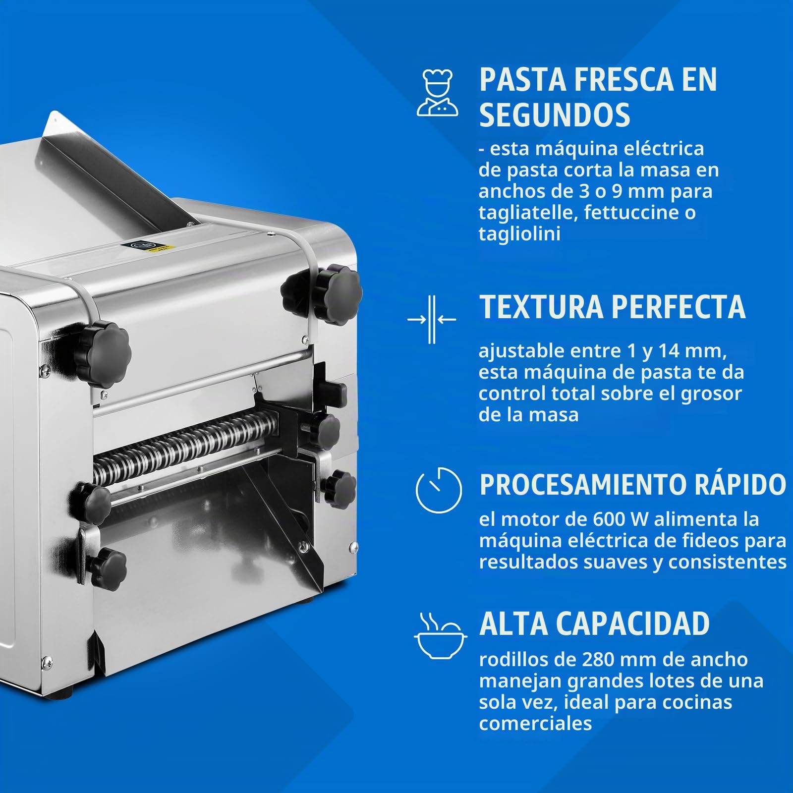 Royal Catering Máquina de pasta eléctrica 28 cm - Espesor de masa de 1 a 14 mm, 600 W , corte 3 mm y 9 mm, acero inoxidable, laminadora para pizza, máquina de pasta profesional