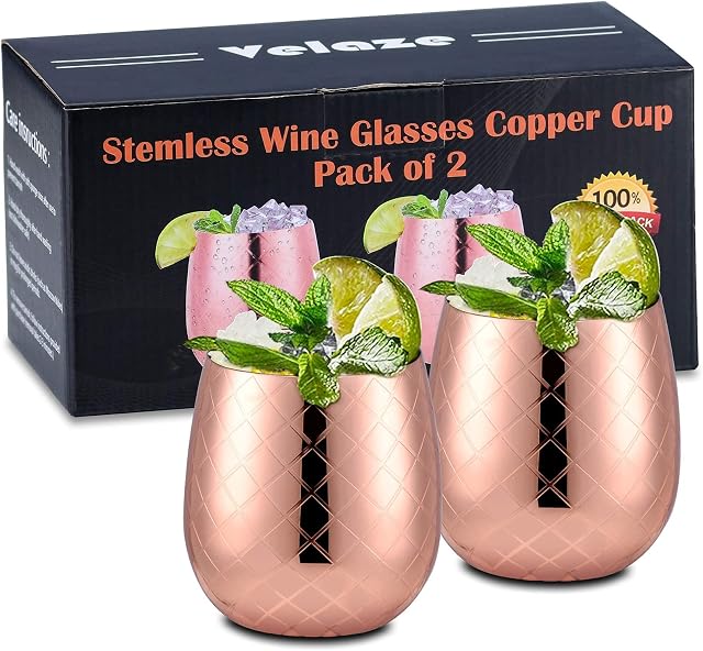 Velaze Copper Stemless Wine Glasses, 2 Piece Modern Etched Stainless Steel Copper Wine Glasse Set for Wine, Champagne, Cocktails and Whiskey, Mirror Polished Design with Gift Box, 430 ML