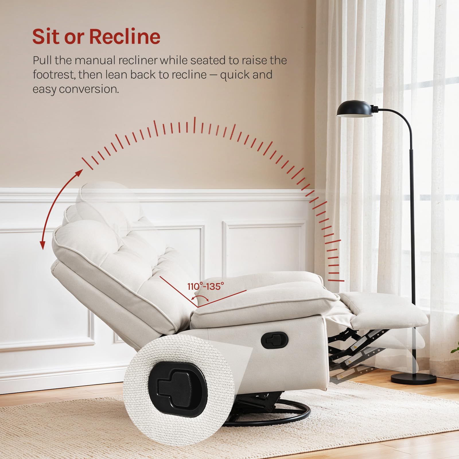 WOLTU Poltrona Relax Reclinabile Manuale, Girevole e Dondolante, Poltrona con Poggiapiedi Pieghevole e Scomparto Laterale, Tessuto Effetto Lino, per Soggiorno, Beige