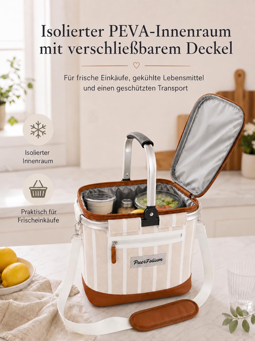 Kühltasche Einkaufskorb Kühlkorb 20L Faltbar Isoliert Thermo mit Deckel Reißverschluss Abnehmbarer Picknickkorb Aluminiumrahmen Thermokorb Schultergurt verstärkt für Einkauf Picknick Beige
