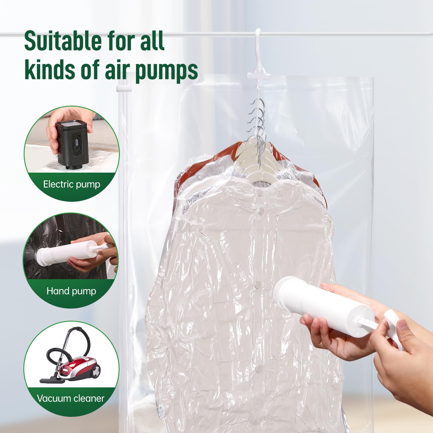 Bolsas de almacenamiento al vacío colgantes para ropa con bomba de mano, bolsa de almacenamiento para abrigos, bolsas de vacío para ropa, bolsas de almacenamiento al vacío que ahorran espacio, ropa,