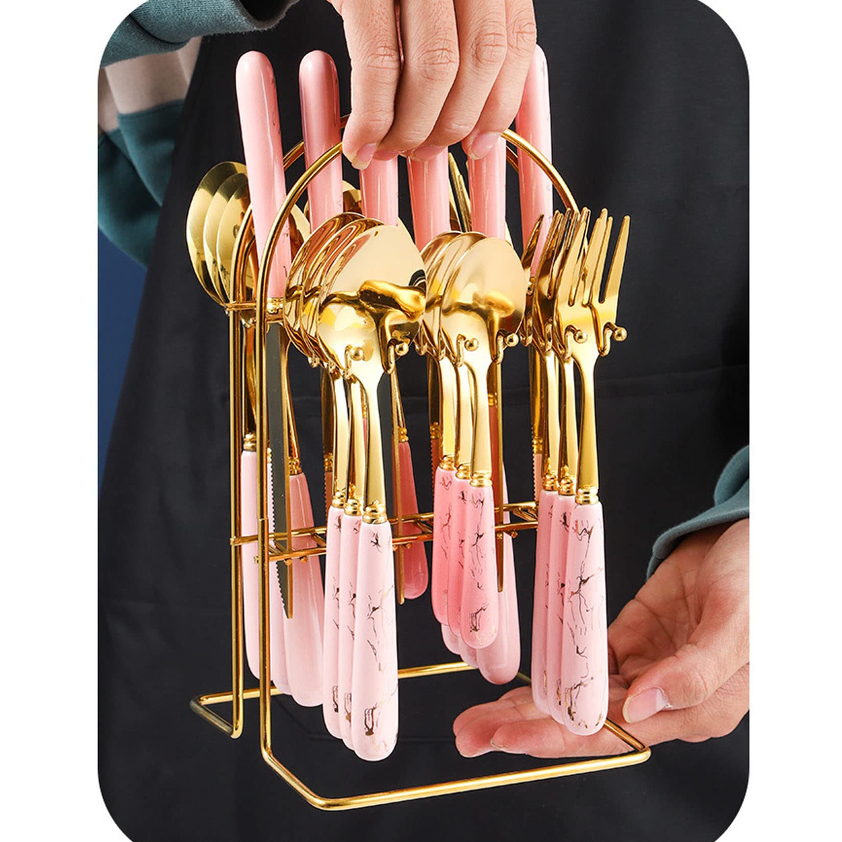 Juego De Cubiertos Para El Hogar Con Estante Para Colgar, Almacenamiento Independiente Y Fácil De Usar, Material De Acero Inoxidable Duradero, Tenedor, Cuchara, Cuchillo, Juego De Cucharas De Té,Negro