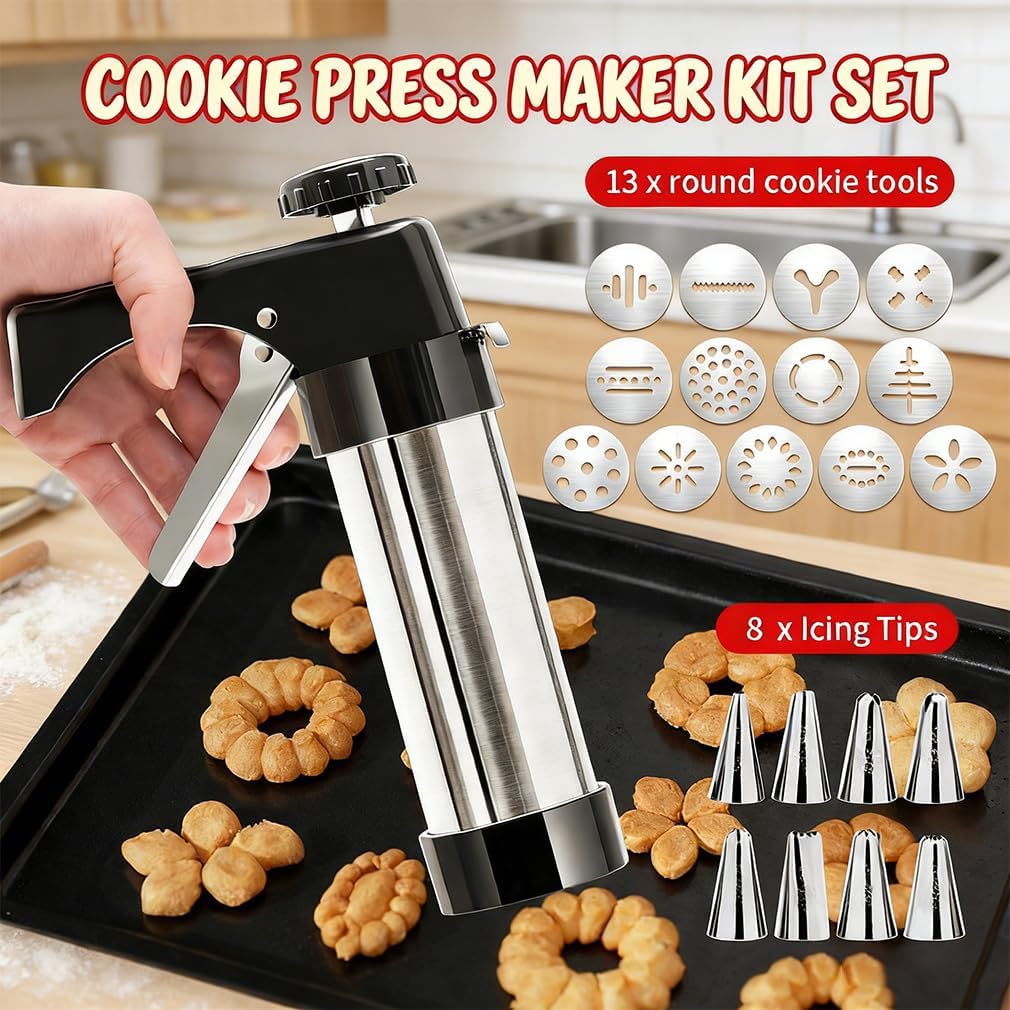 Cookie Press Gun Kit with 13 Discs & 8 Icing Tips,Cookie Press Gun,Stainless Steel,Easy Shaping & Durable Build for Baking, Holidays & Kitchen Use (red)