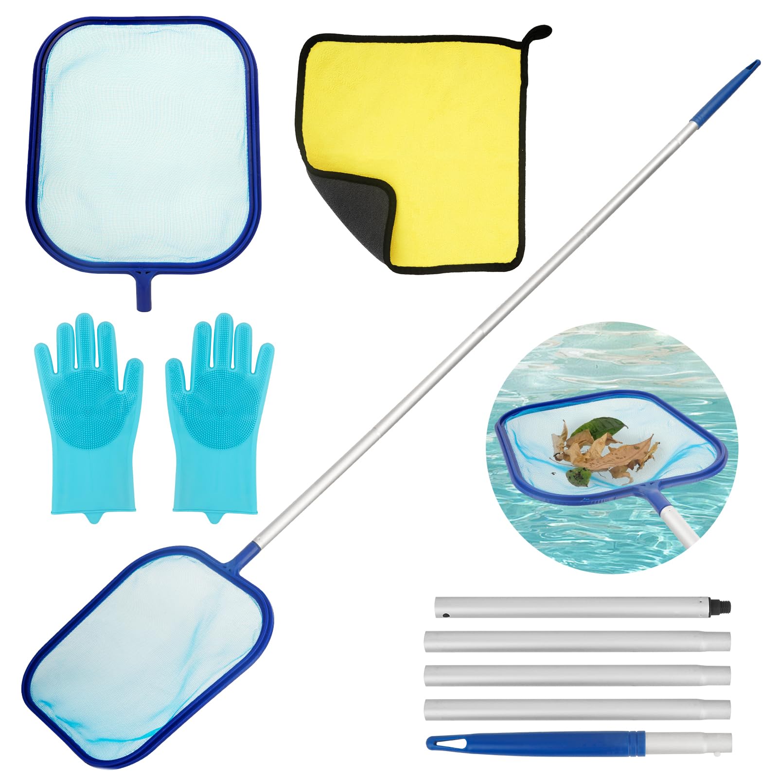 Starward Epuisette Piscine 150 cm, Filet de Piscine avec Télescopique Réglable, Maille Fine Outils de Nettoyage, avec Gants Silicone, Serviette, pour Nettoyer la Piscine Fontaine Bassins