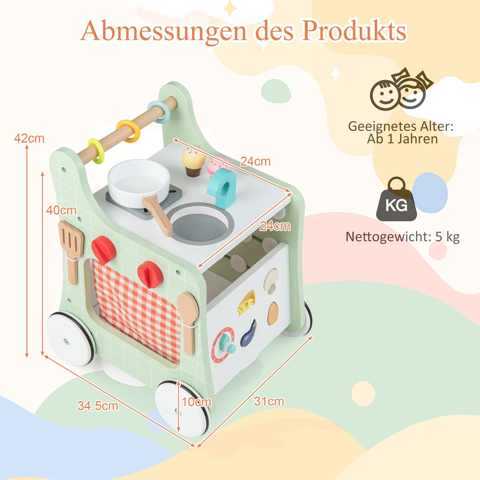 DREAMADE Lauflernwagen Holz, 6-in-1 hölzerne Lauflernhilfe, Baby Walker mit Blöcken & 9 Teilen Zubehör, Lernlaufwagen & Aktivitätszentrum, Kinderküche-Spielzeug für Kleinkinder ab 1 Jahren (Grün)