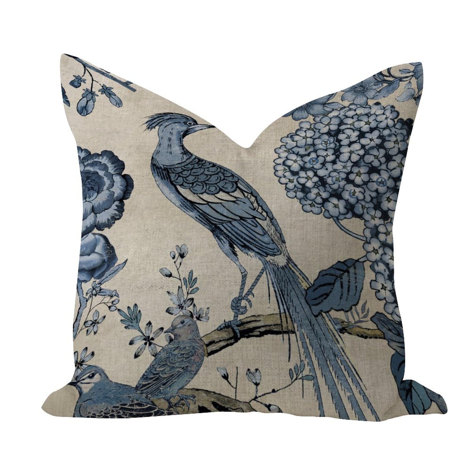 Blue Chinoiserie Bird Outdoor Pillow Covers 16x16in Burlap Linen Decorative Pillows Cushion Covers Animal Lover Bird Plants Square Throw Pillow Case