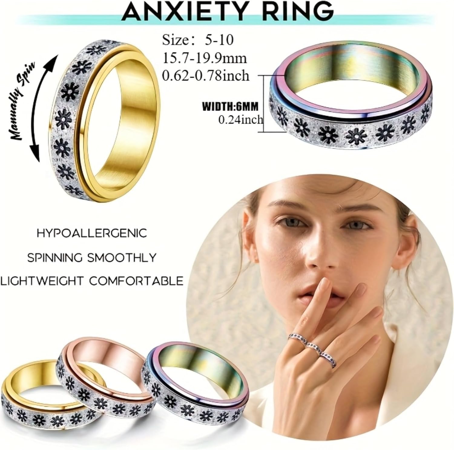 3pcs Fidget Ring Anxiety Ring for Men Women 316L Stainless Steel Spinner Rings for Anxiety Golden/Rose Golden/Rainbow Flower Relieving Anxiety Ring Sets