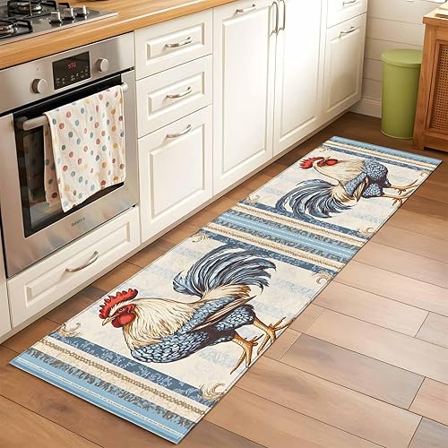 Miniatura 13 de 7ft Round Rug, Retro Rooster Non-Skid Rubber Backing Large Area Rugs - Living Room Bedroom Home Office, Striped Farmhouse Watercolor Animals Indoor