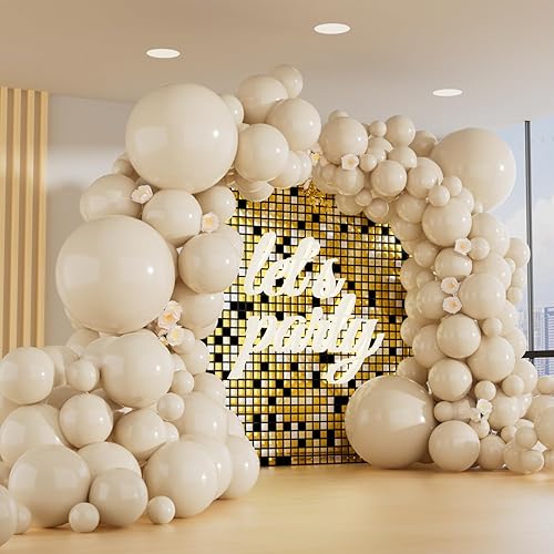 Paquete de 150 globos de color blanco arena de diferentes tamaños, 18, 12, 10, 5 pulgadas, kit de arco de guirnalda de globos de fiesta de