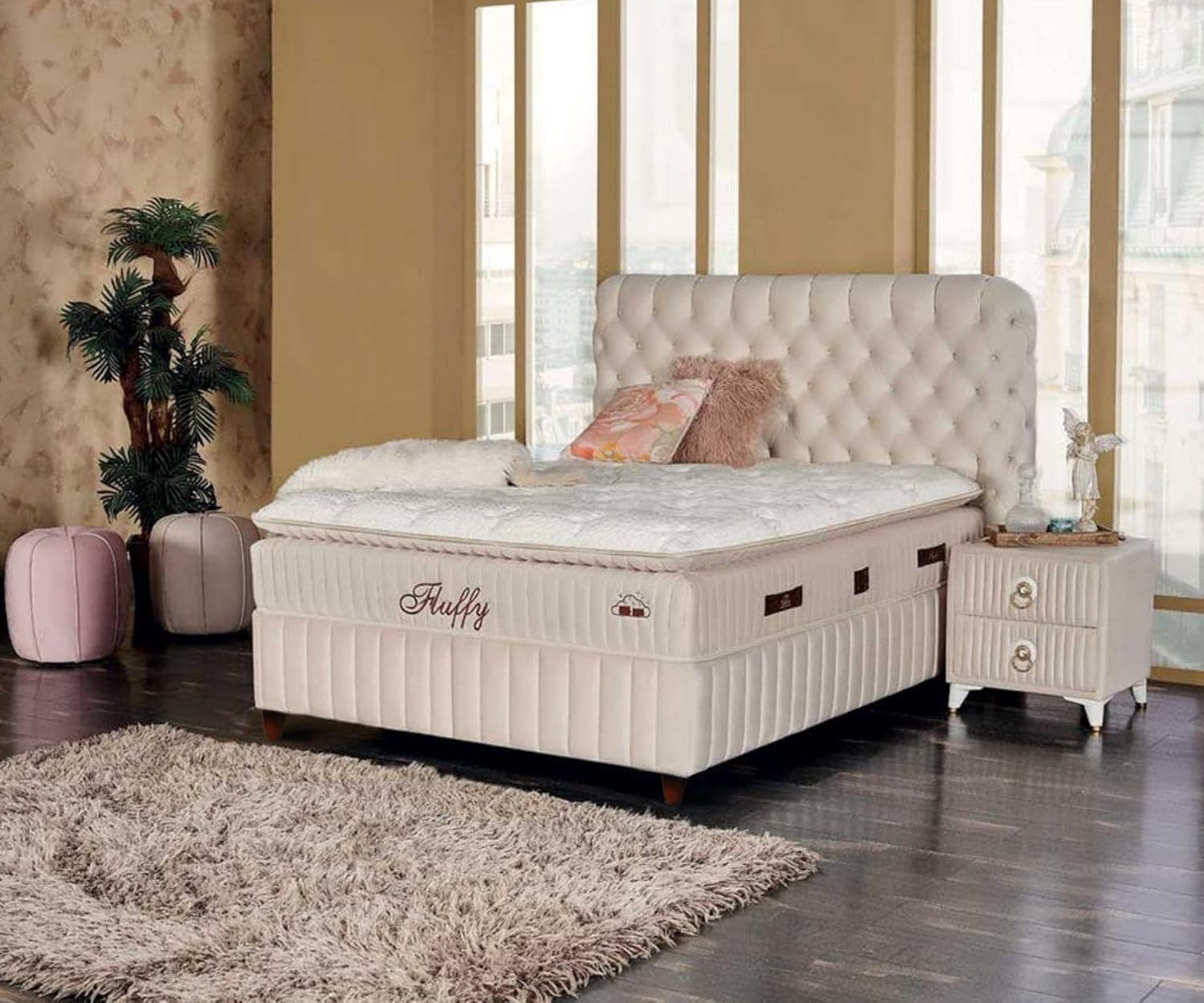 Fluffy Boxspringbett 180x200 cm mit Matratze &amp; Bettkasten | Bett mit Stauraum - Komplettset mit 7-Zonen Orthopädischer Matratze mit Topper – Allergenfrei, Atmungsaktiv | Liegehöhe 67 cm (Beige)