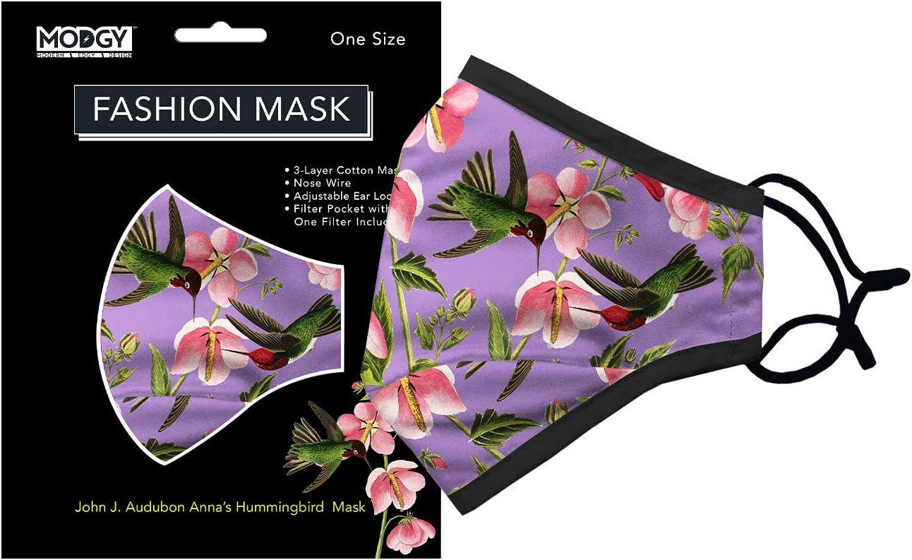 MODGY Fashion Mask 3-Layer Cloth Face Masks with Filter Pocket Insert, Nose Wire, Adjustable Ear Loops, Breathable, Reusable, Washable, Women, Men, Adults, Hummingbird