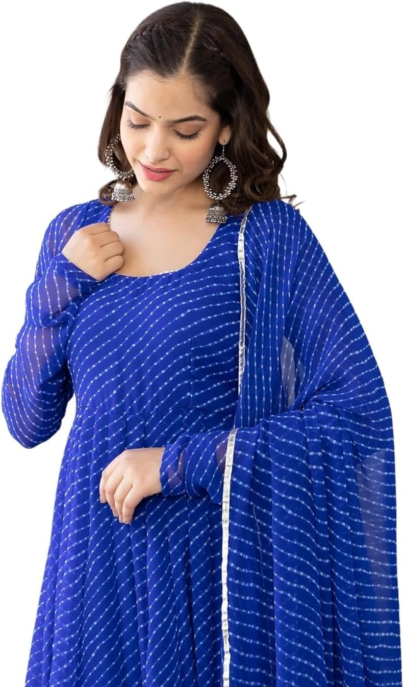7 HORSE Women Blue Weightless Striped Anarkali Kurta Set with Pants & Dupatta | 3-Piece Suit