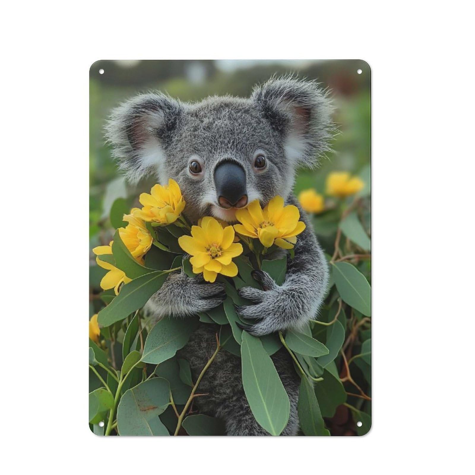 Junmoney Style-6 Koala With Yellow Flowers Warehouse Style Metal Wall Decor 40X30cm, Tin Wall Sign For Modern Home, Workshop, Office Or Cafe