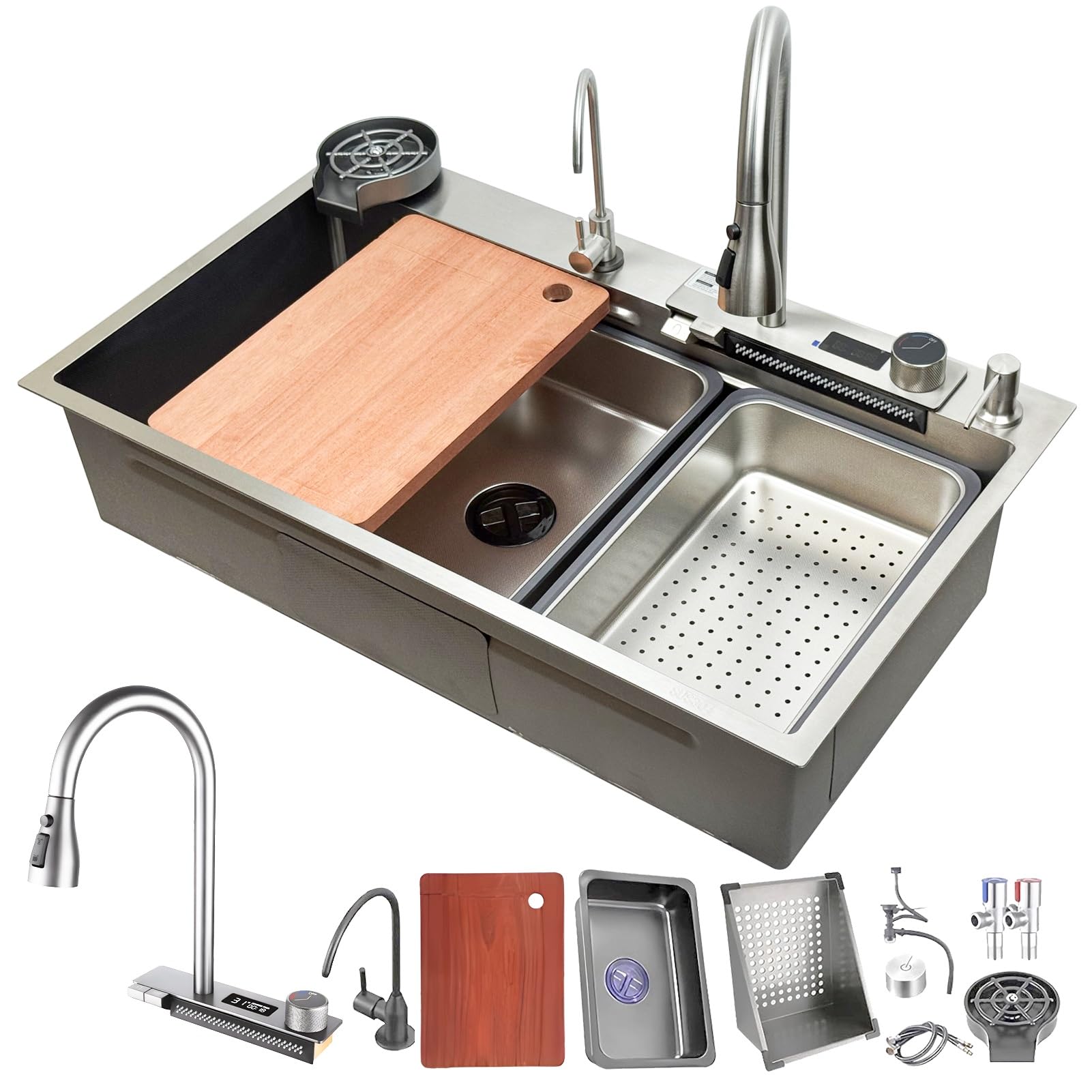 ZQFHSX 90 x 50 cm Waterfall Sink, 1 Basin, Rectangle, Brushed Stainless Steel, Large Kitchen Workplace Sink with Extendable Tap, Siphon, Overflow and Drain Fitting