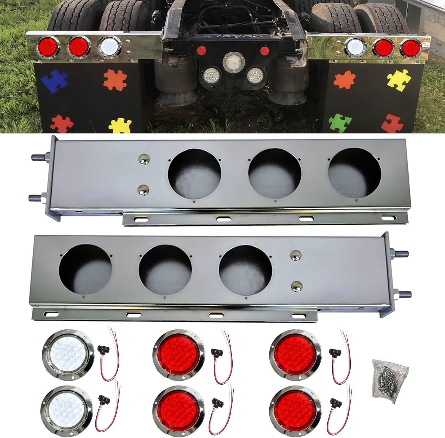 Universal 30" Stainless Steel Spring-Loaded Mud Flap Hanger Light with 24 LED Light for Semi Trucks, 2-1/2" Bolt Spacing Rear Tail Light Bar Box with 4" Light Cutouts (4x Red + 2x White)