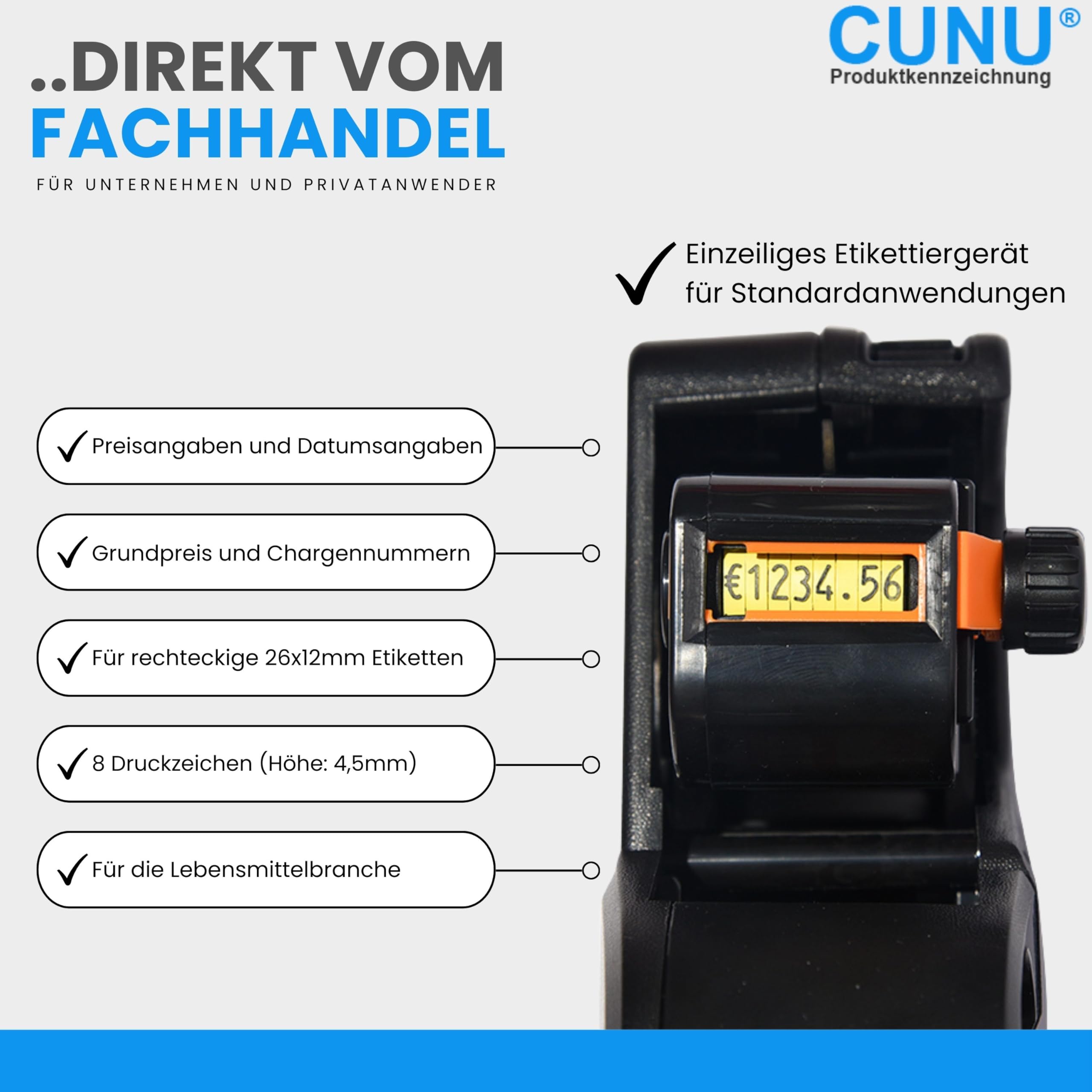 Einzeiliger Auszeichner für Preise, Datum, Grundpreise & Chargennummern - Etikettiergerät einzeilig für 26x12mm Etiketten - Profi Gerät/Maschine geeignet als Datumsauszeichner und Preisdrucker