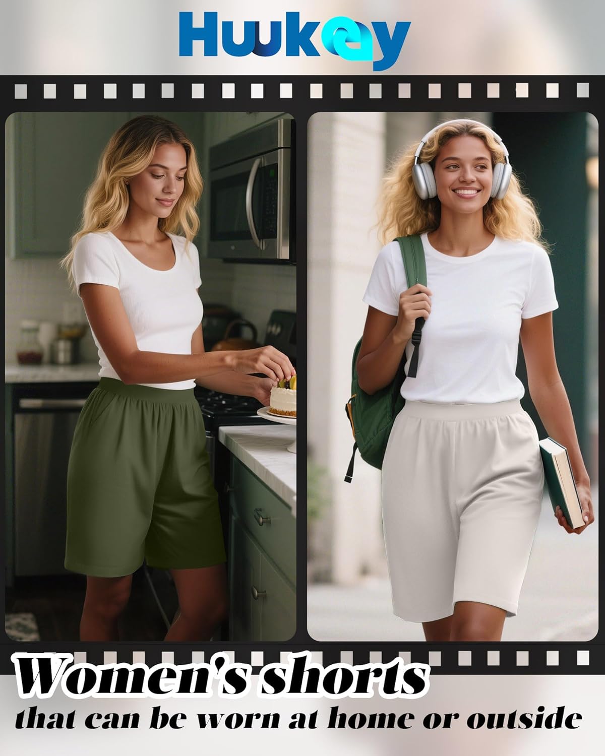 Huukeay 3 Pack Women's 8" Bermuda Shorts, High Waist Stretch Casual Knee Length Bottoms Summer Athletic Gym Short with Pocket - Image 3