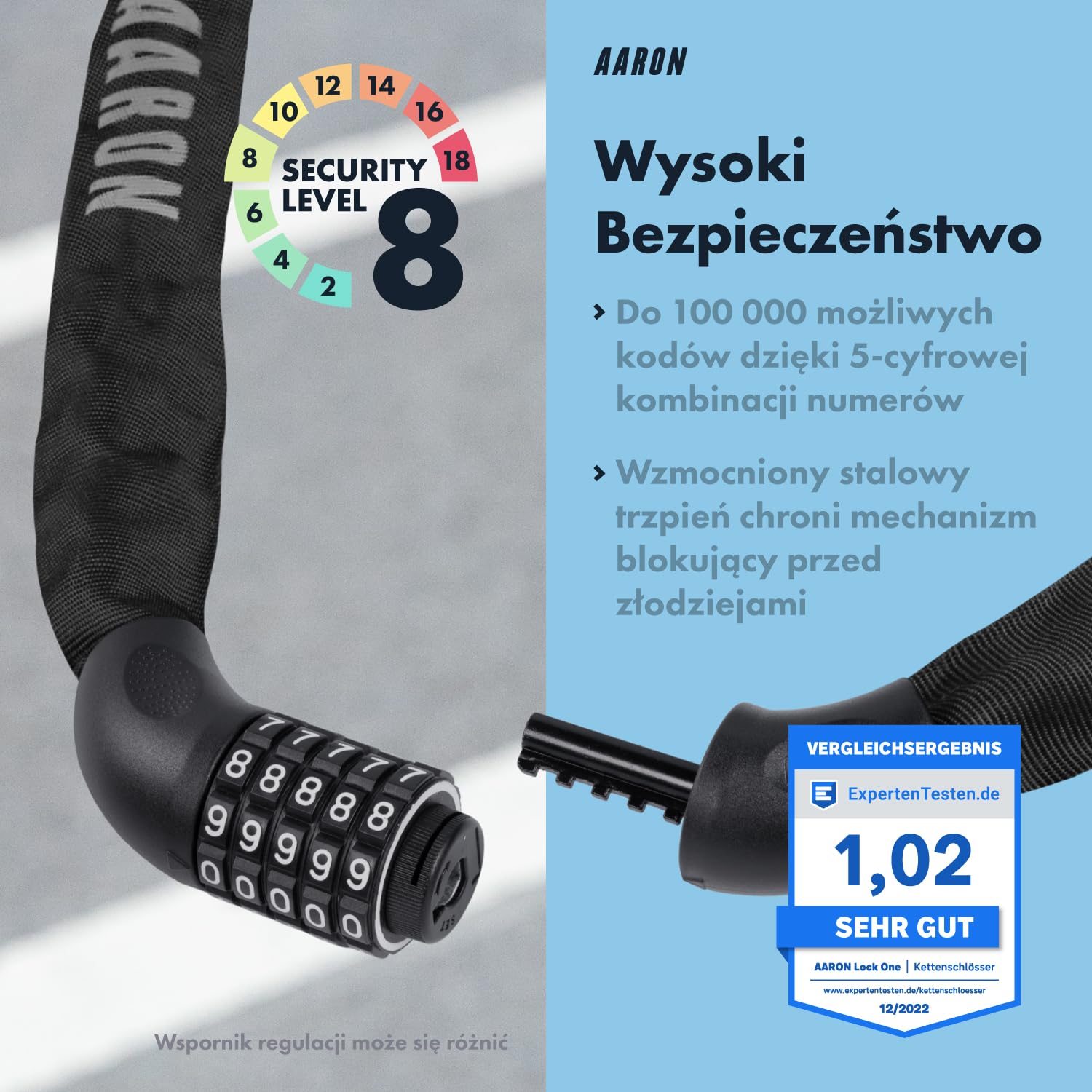 AARON 5-cyfrowy kod numeryczny stalowy zamek łańcuchowy - rowery elektryczne, rowery górskie i wyścigowe w kolorze czarnym