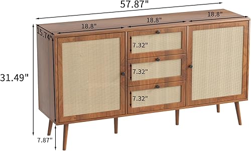 Miniatura 2 de IQCNGVX Aparador de ratán con almacenamiento bohemio con 2 puertas y 3 cajones, mesa de consola con estantes ajustables para comedor, sala de estar,