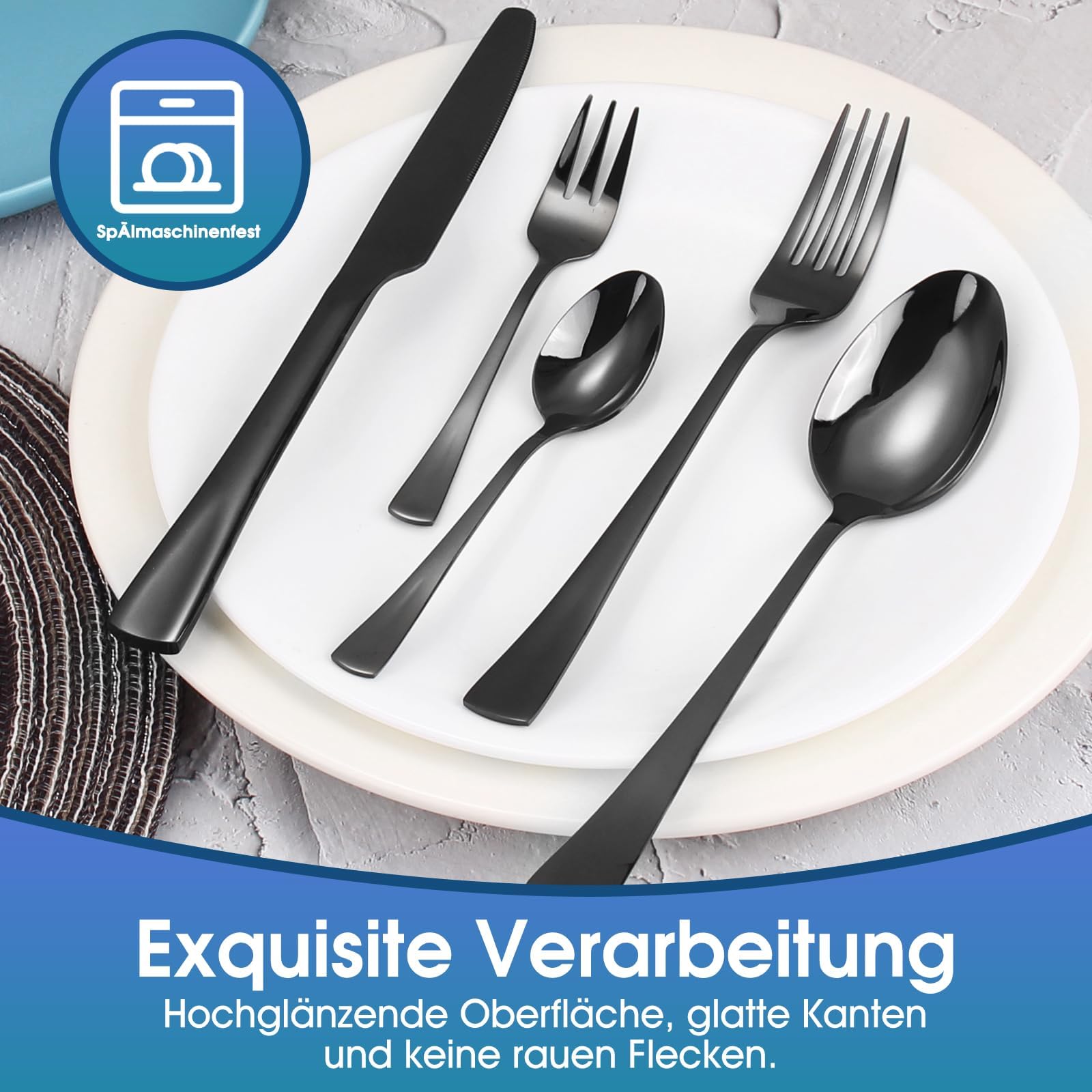Targizer Schwarz Besteck Set 6 Personen,30 teilig Besteck aus Hochwertiges Edelstahl,Schwarz Besteckset mit Messern, Gabeln und Löffeln, Hochglanzpoliert und Spülmaschinenfest