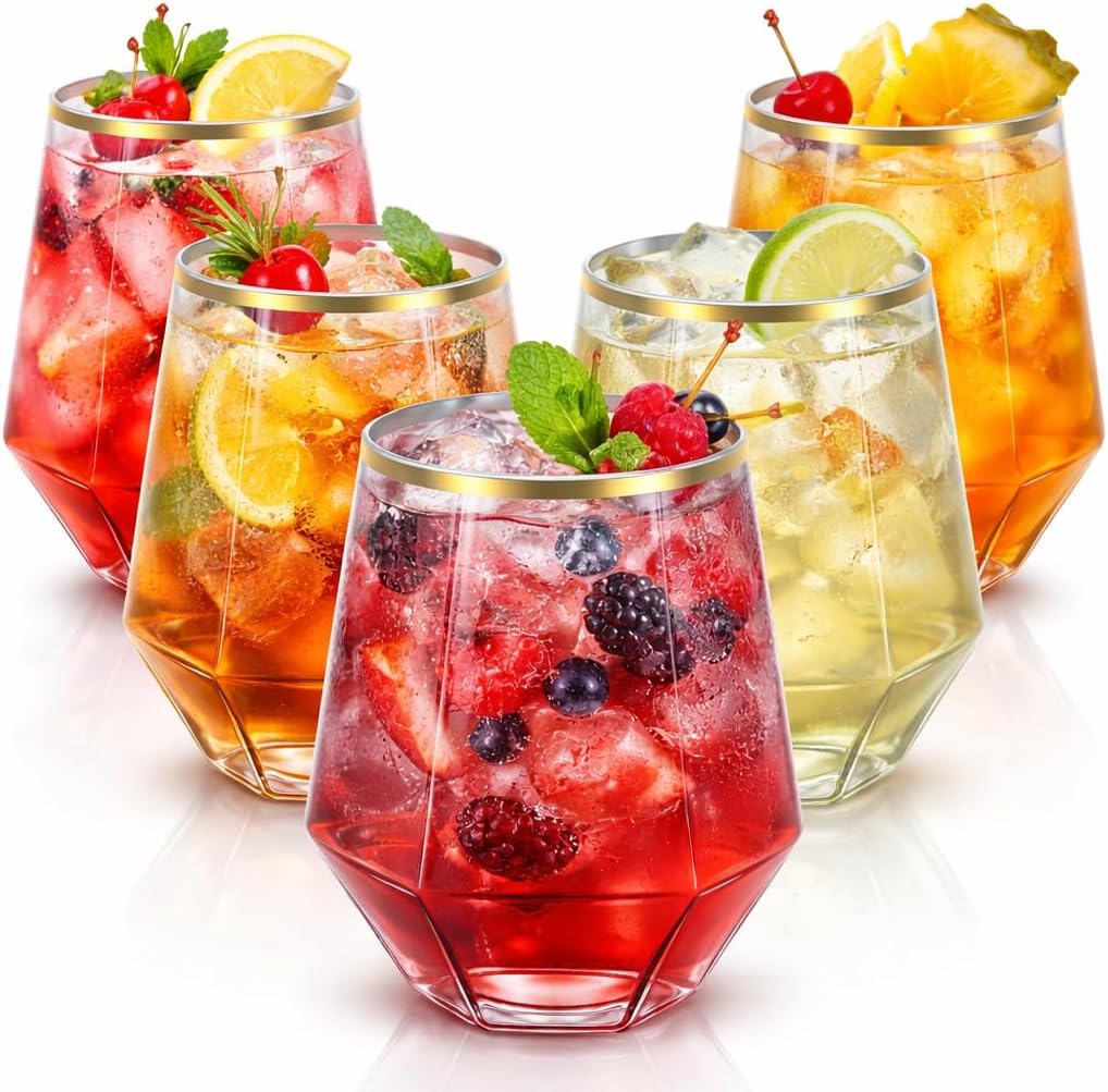 Oojami 40 count Diamond 12 Ounce Gold Rim Cups Unbreakable Stemless Plastic Wine Champagne Whiskey Glasses Elegant Durable Disposable Indoor Outdoor Ideal for Home, Office, Bars, Wedding (Gold)